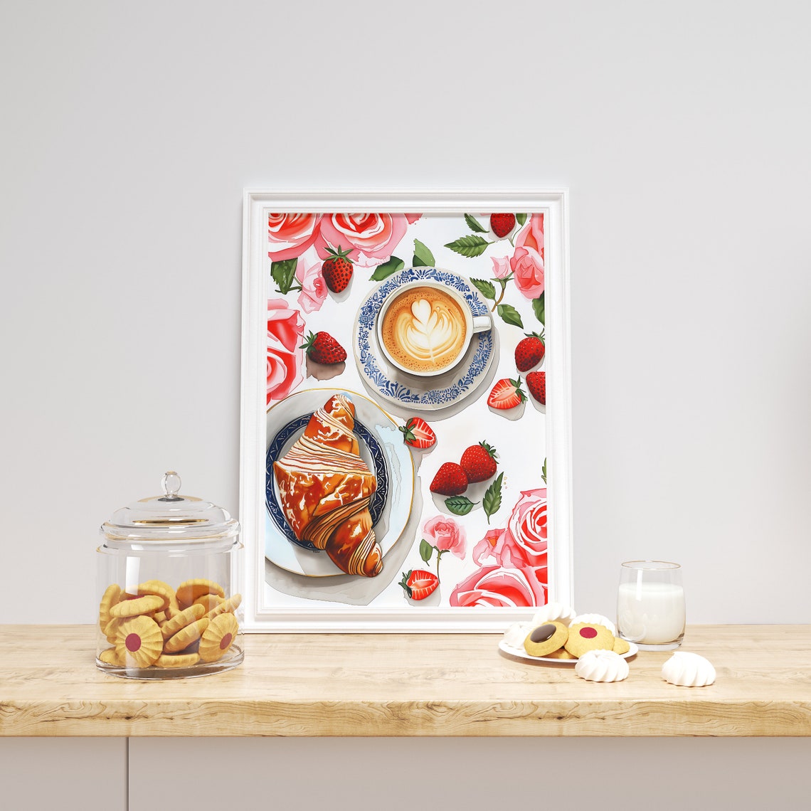 Watercolor Latte Coffee Croissant Strawberries Roses Art Print - Image 2