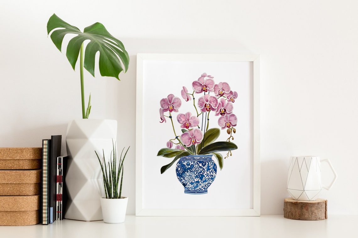 Pink Orchids In A Blue And White Chinoiserie Tile Vase Print - Image 2
