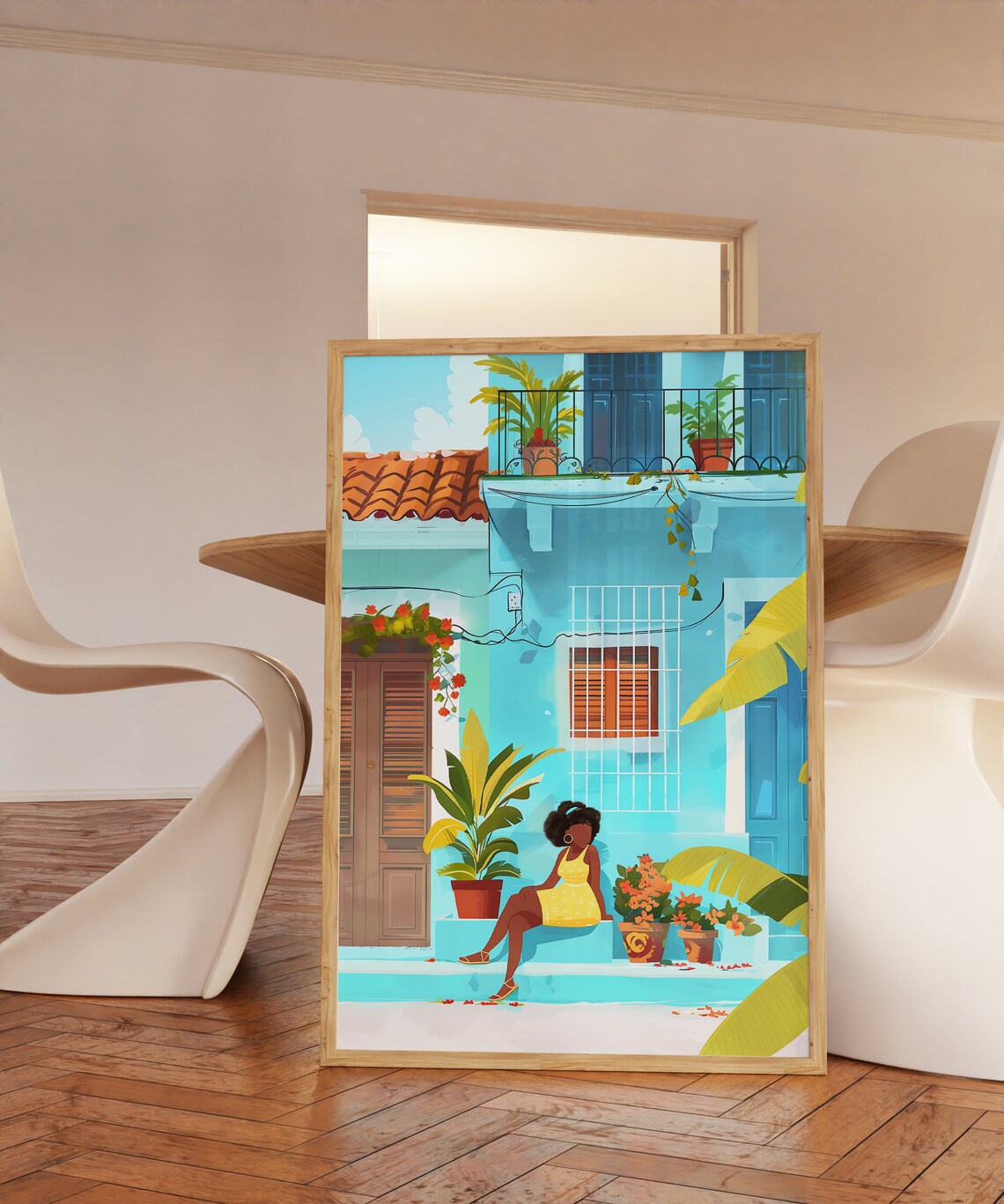 Havana Cuba Turquoise Colonial Balcony Sunny Street Scene Art Poster