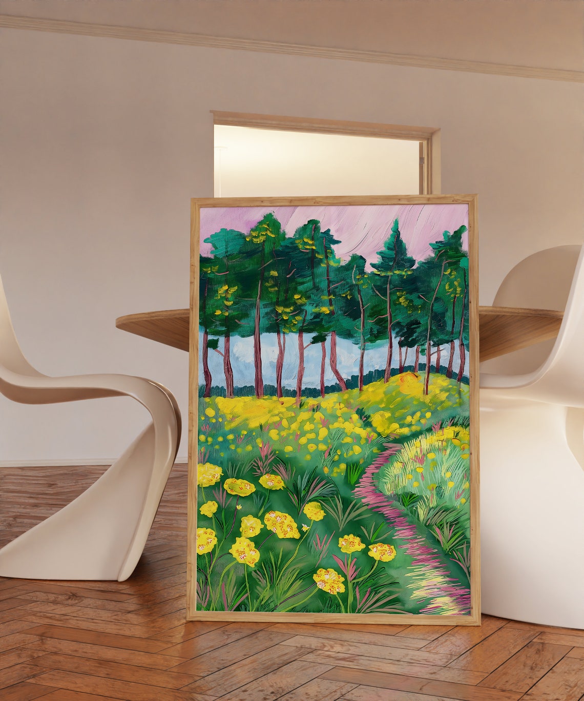 Spring Meadow Yellow Wildflowers Pine Forest Path Landscape Print