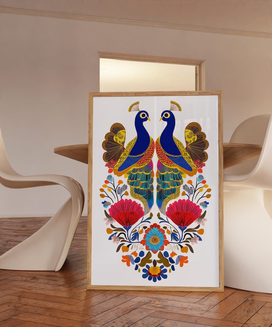 Mirrored Blue Peacocks Indian Folk Art Floral Mandala Poster - Image 3