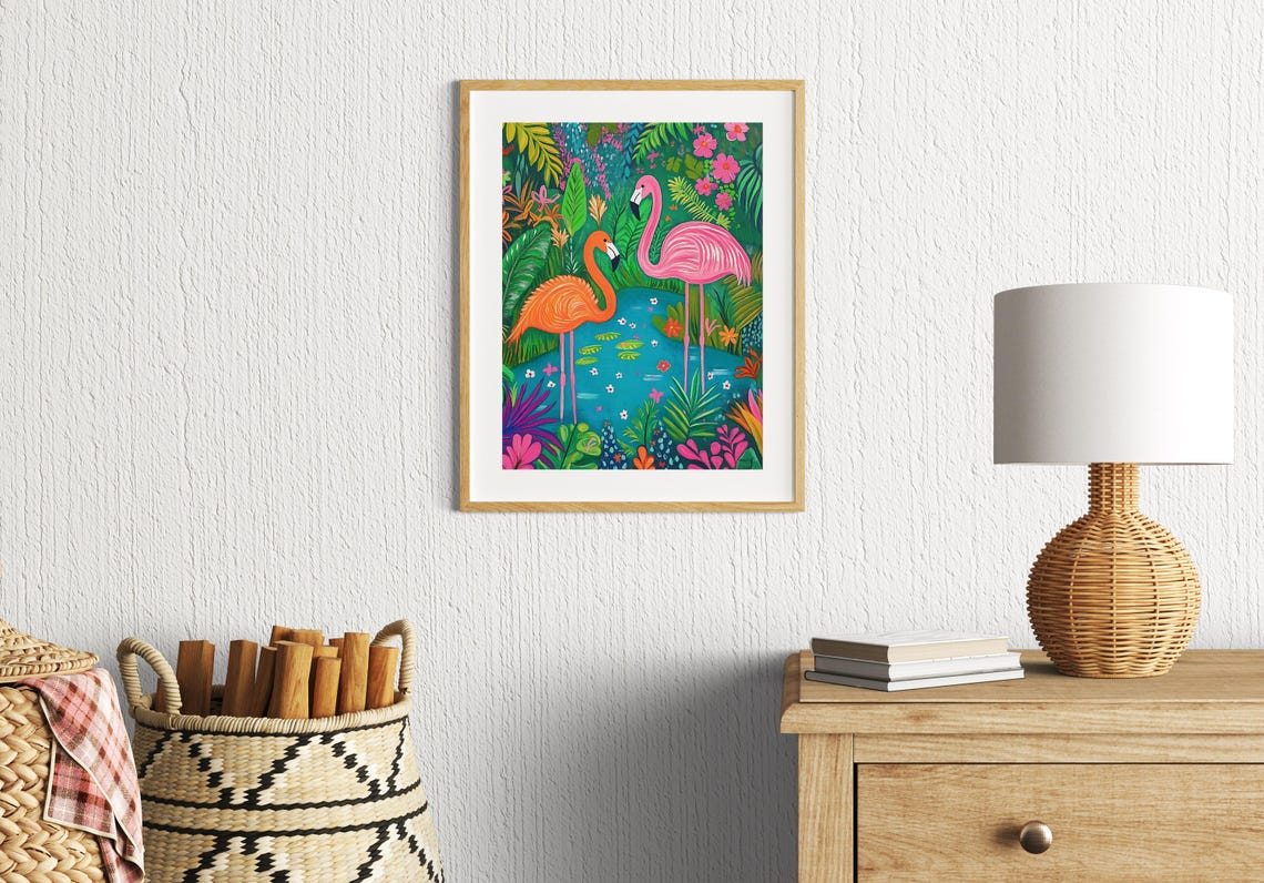 Pink and Orange Flamingos in Lush Tropical Jungle Lagoon Poster - Image 2