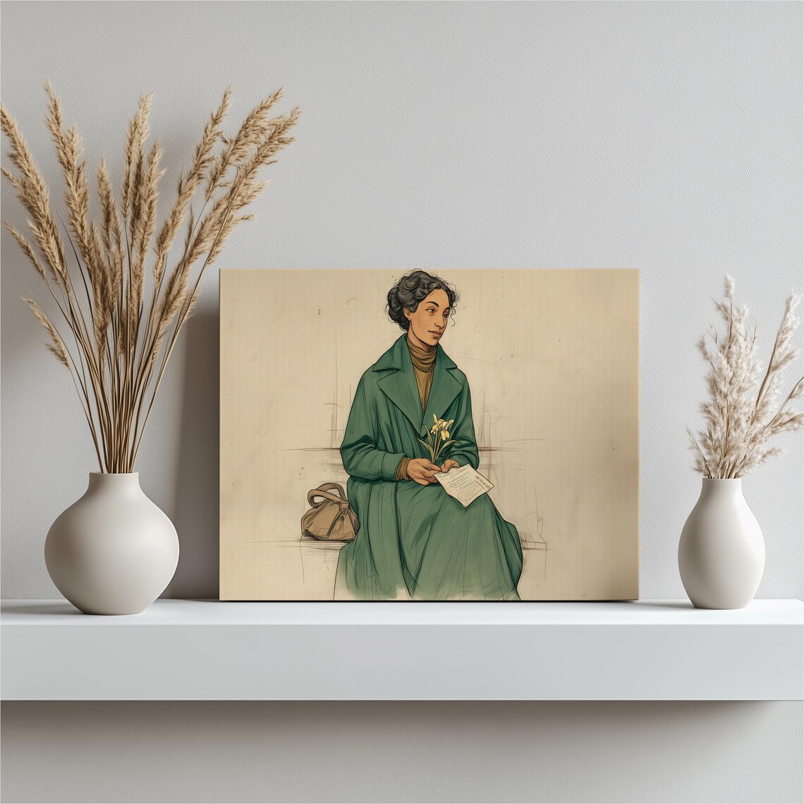 Vintage Woman Portrait Green Coat Lilies Art Nouveau Style Poster