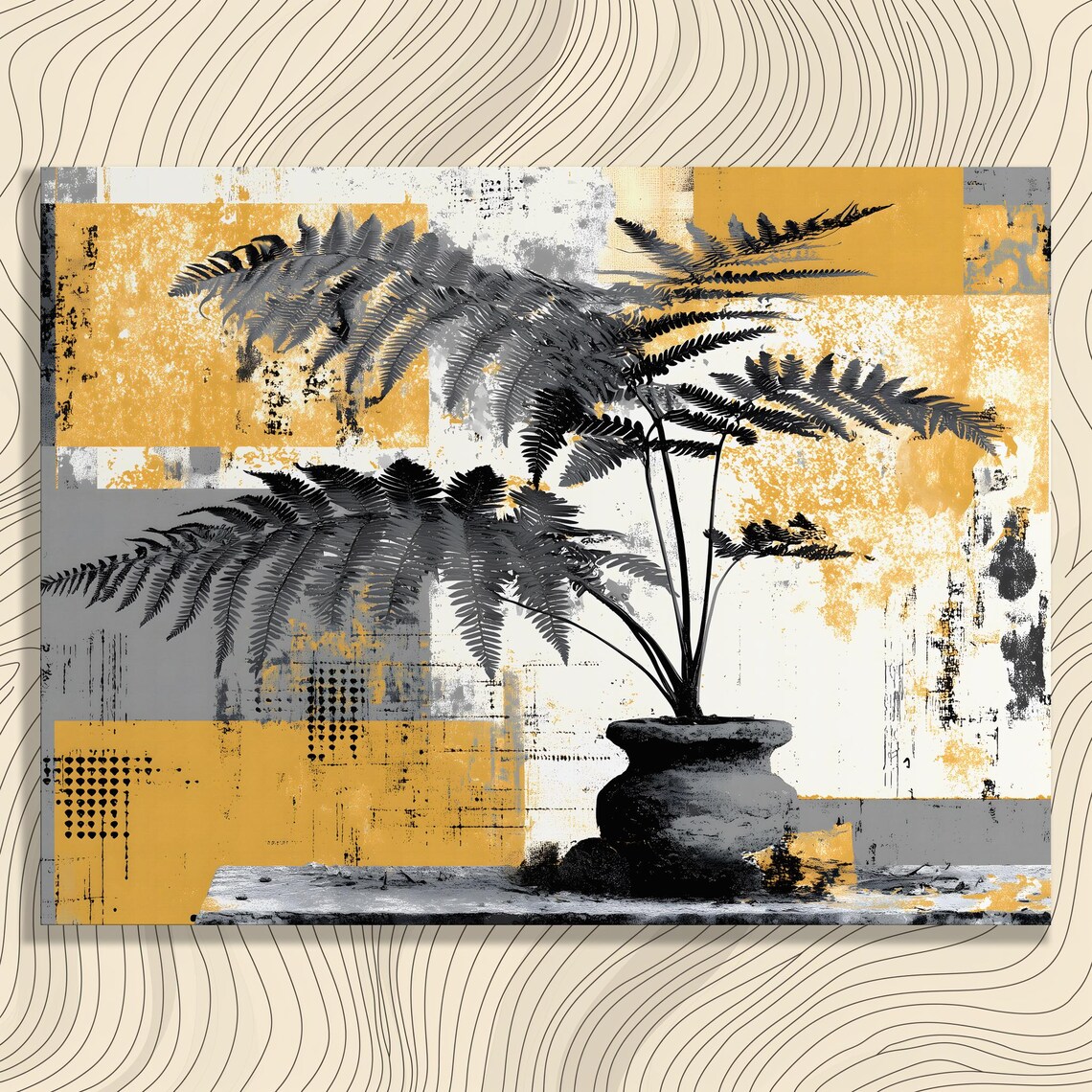 Monochrome Fern Botanical Abstract Geometric Mustard Blocks Poster