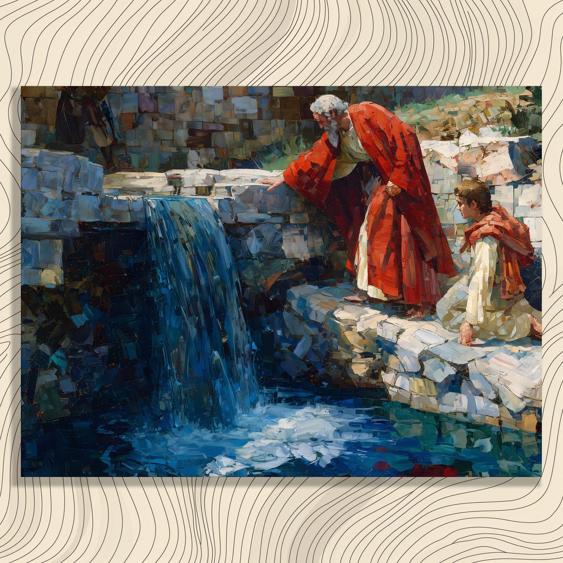 Baptism River Scene Elder Red Robe Boy Waterfall Biblical Art Poster