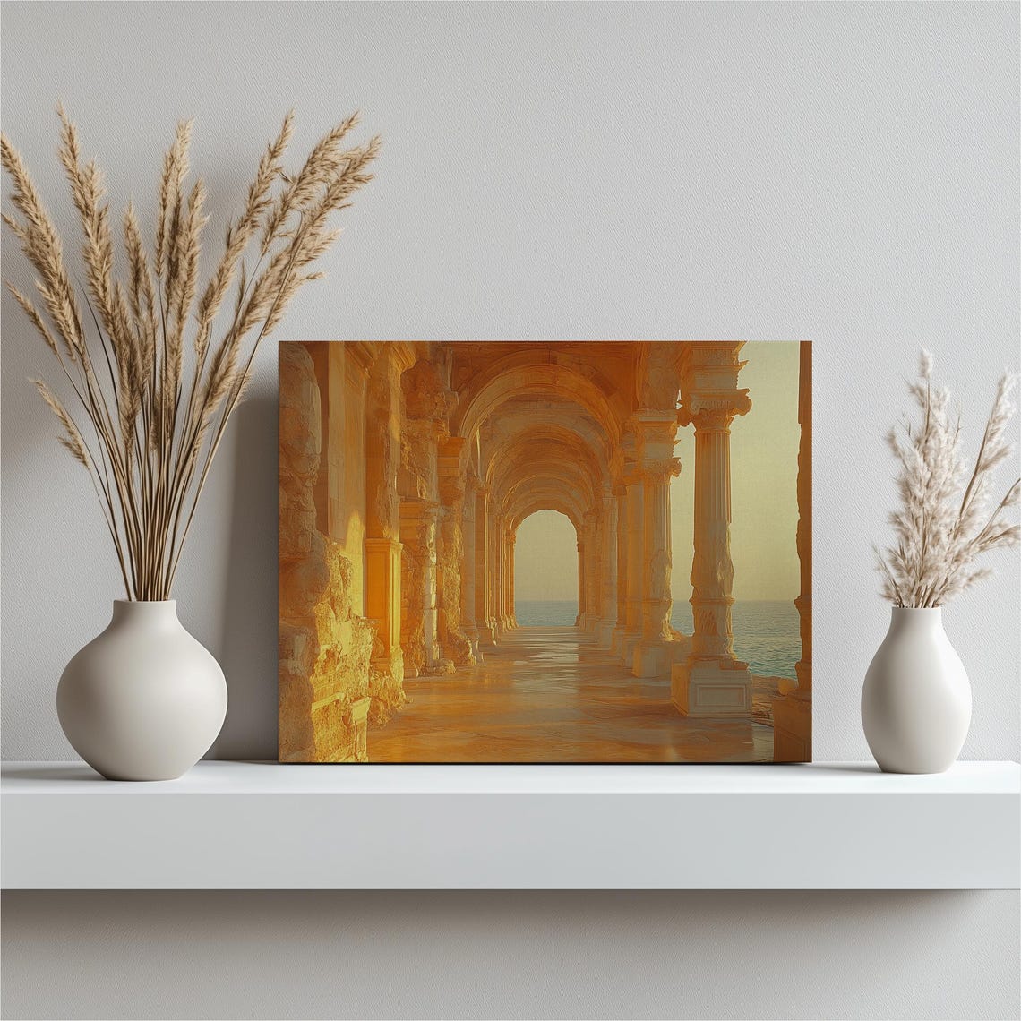 Golden Stone Arches Seaside Colonnade Sunset Mediterranean Art Poster