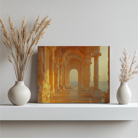 Golden Stone Arches Seaside Colonnade Sunset Mediterranean Art Poster