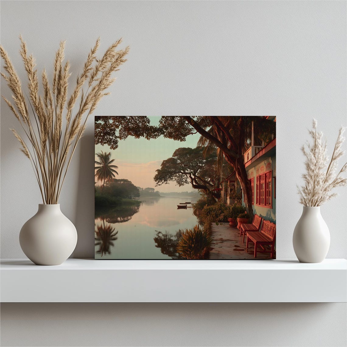 Tropical River Dawn Colonial House Palm Trees Calm Water Art Print