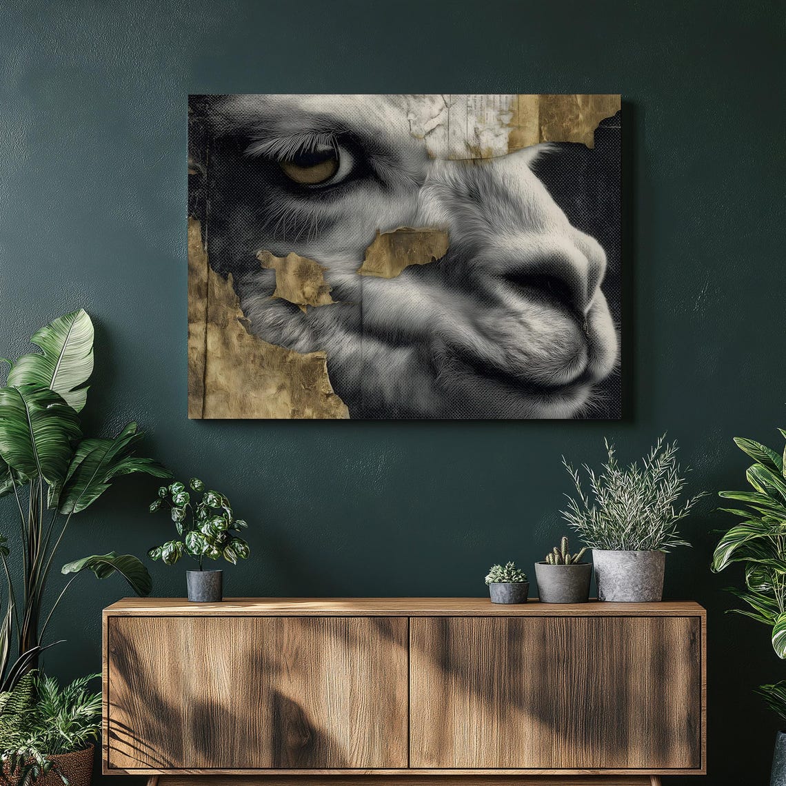 Llama Portrait Black White and Gold Torn Paper Collage Art Print