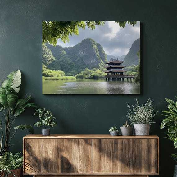 Serene Pagoda Lake Canvas Wall Art Asian Landscape Karst Mountains Tropical Foliage Nature Decor Green Home Meditation Travel Gift