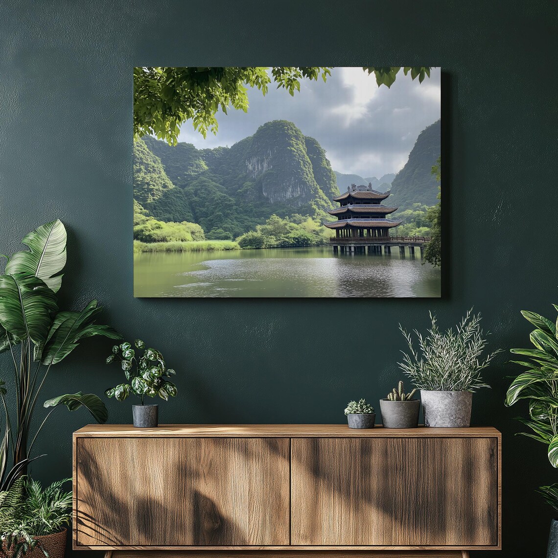 Serene Pagoda Lake Karst Mountains Tropical Asia Landscape Poster