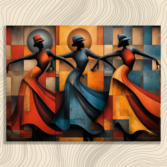 Abstract Dance Trio Canvas Wall Art Colorful Geometric Silhouette Painting In Mid Century Cubism Style Modern Decor Gallery Wrapped Print