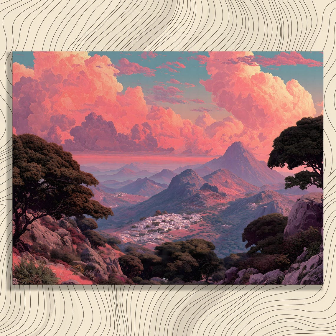 Dreamy Pink Sunset Clouds Over Mountain Valley Fantasy Poster
