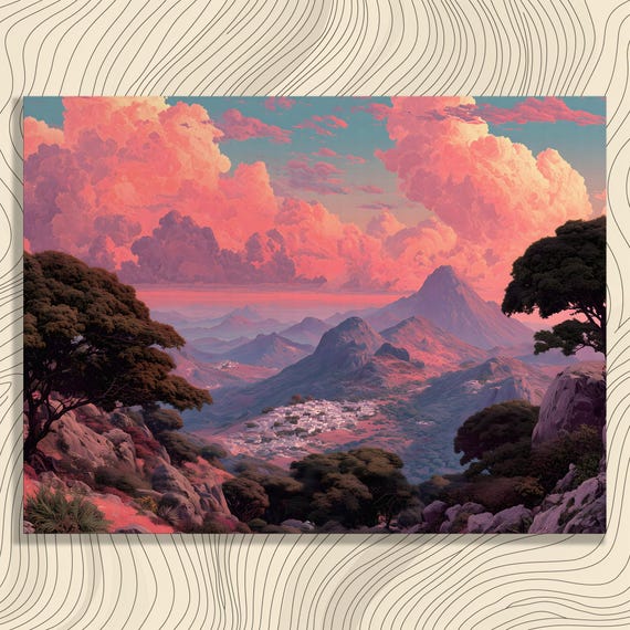 Surreal Mountain Cloudscape Canvas Wall Art Pink Sunset Sky Landscape Painting Dreamy Village Valley Scenery Colorful Nature Gift