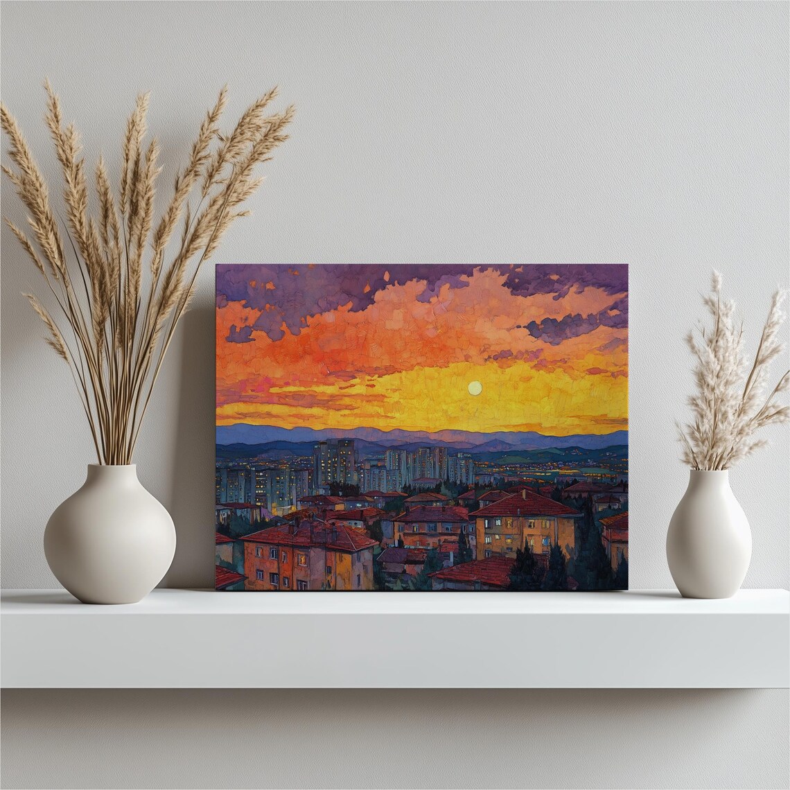 Vibrant Sunset Modern Cityscape Colorful Canvas Painting Poster