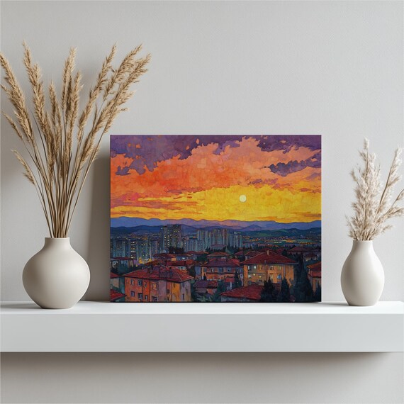 Contemporary Sunset Cityscape Canvas Print Vibrant Wall Art Painting For Modern Home Decor Office Living Room