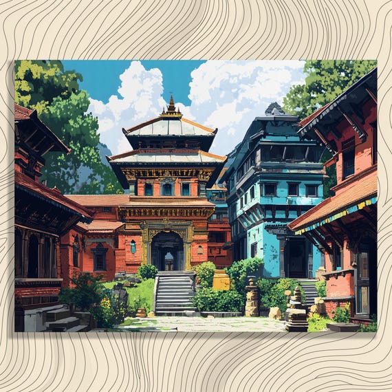 Vibrant Temple Canvas Wall Art Scenic Landscape Of Traditional Architecture Courtyard Garden Decor Print With Lush Greenery