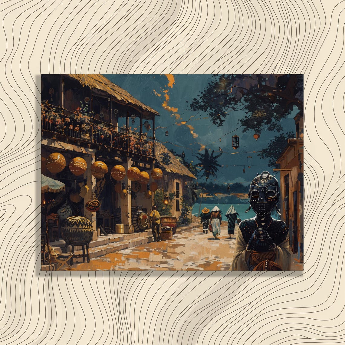 Angola Canvas Wall Art Detailed Oil Painting With Traditional Masks And Vibrant Markets High Detail Realistic Decoration Entrance Artwork