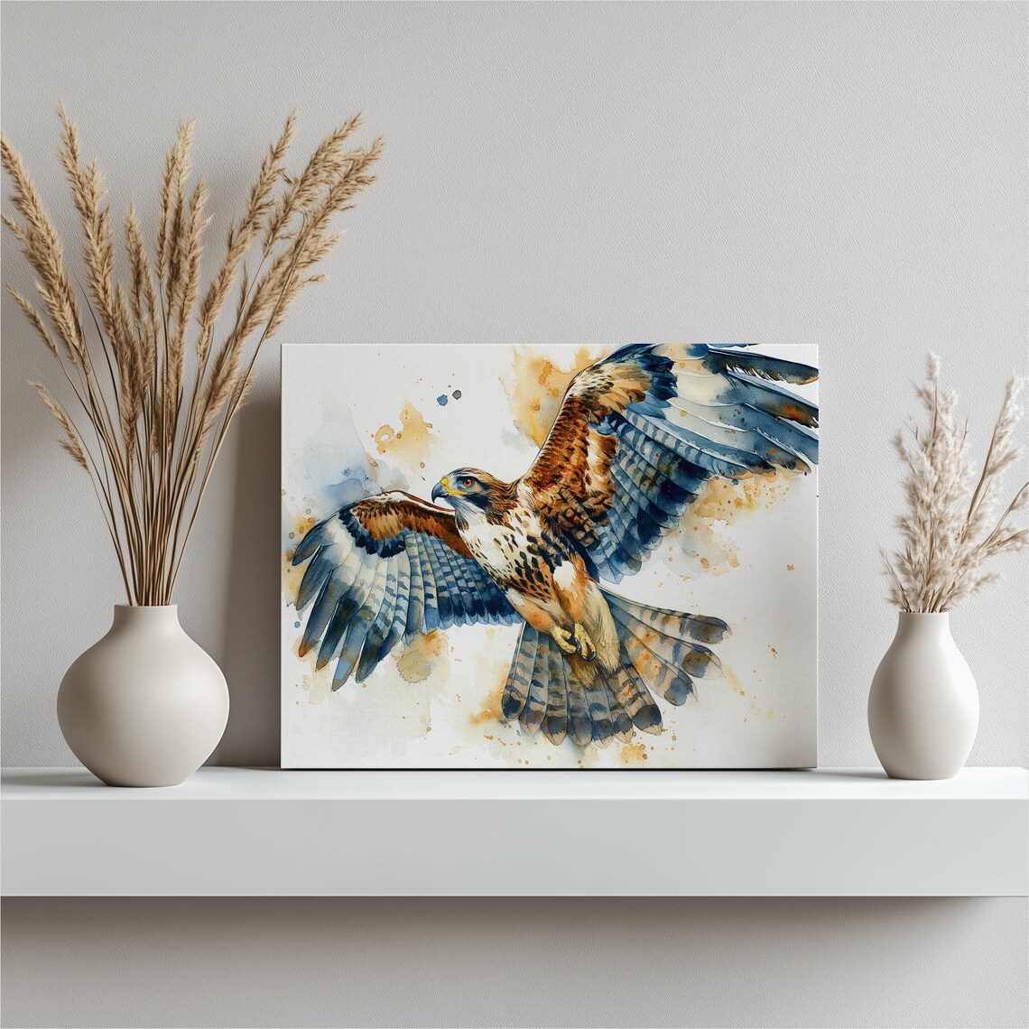Majestic Soaring Hawk Watercolor Bird of Prey in Flight Wall Art