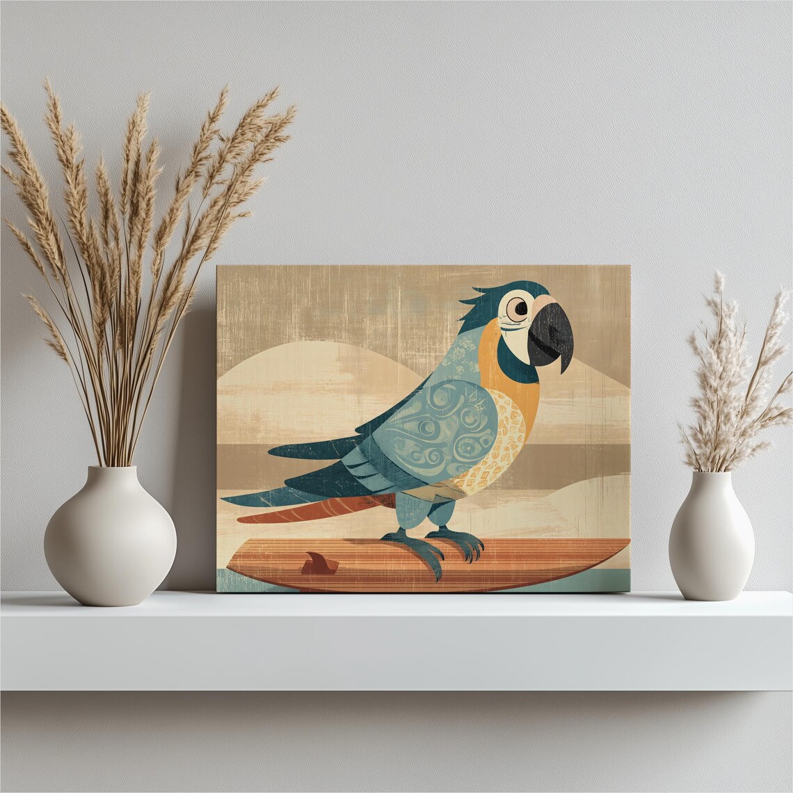 Retro Parrot On Surfboard Mid Century Tropical Bird Art Poster