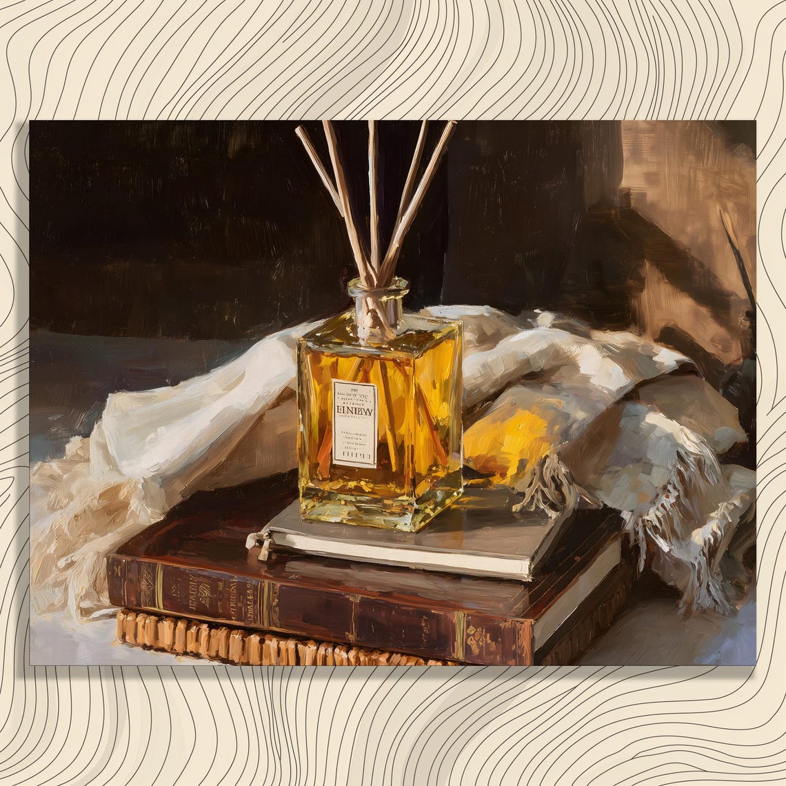 Reed Diffuser Bottle Vintage Books Warm Window Light Still Life Poster