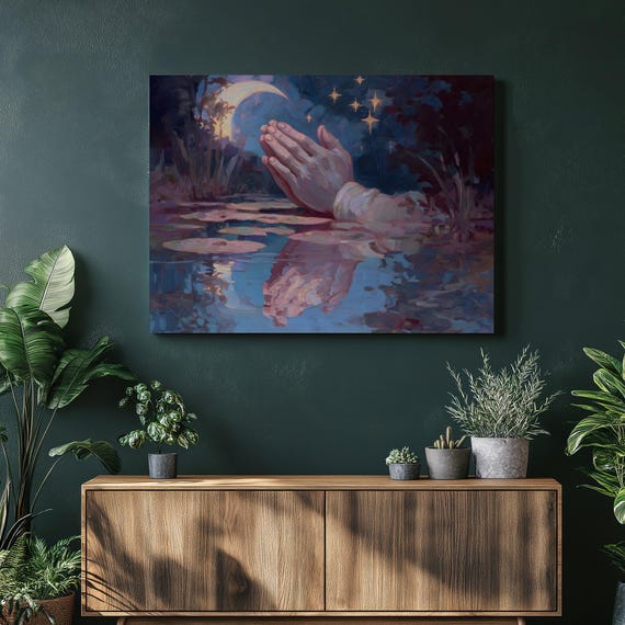 Praying Hands Canvas Wall Art Spiritual Prayer Moon Stars Reflection Dreamy Water Lily Lake Decor Print Celestial Gift