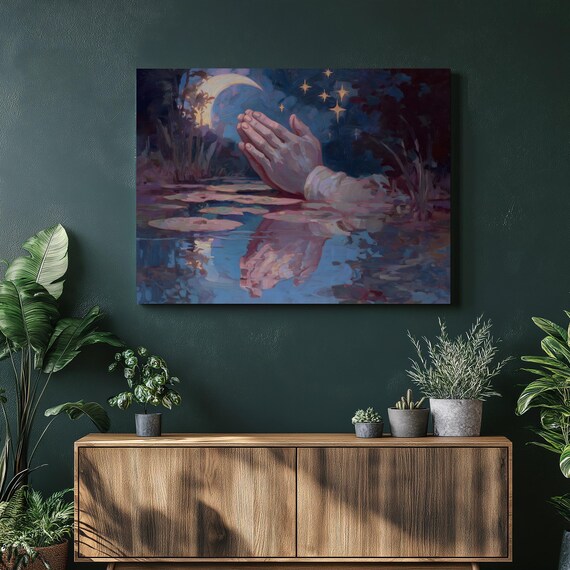 Praying Hands Over Moonlit Water Starry Night Spiritual Reflection Art Print