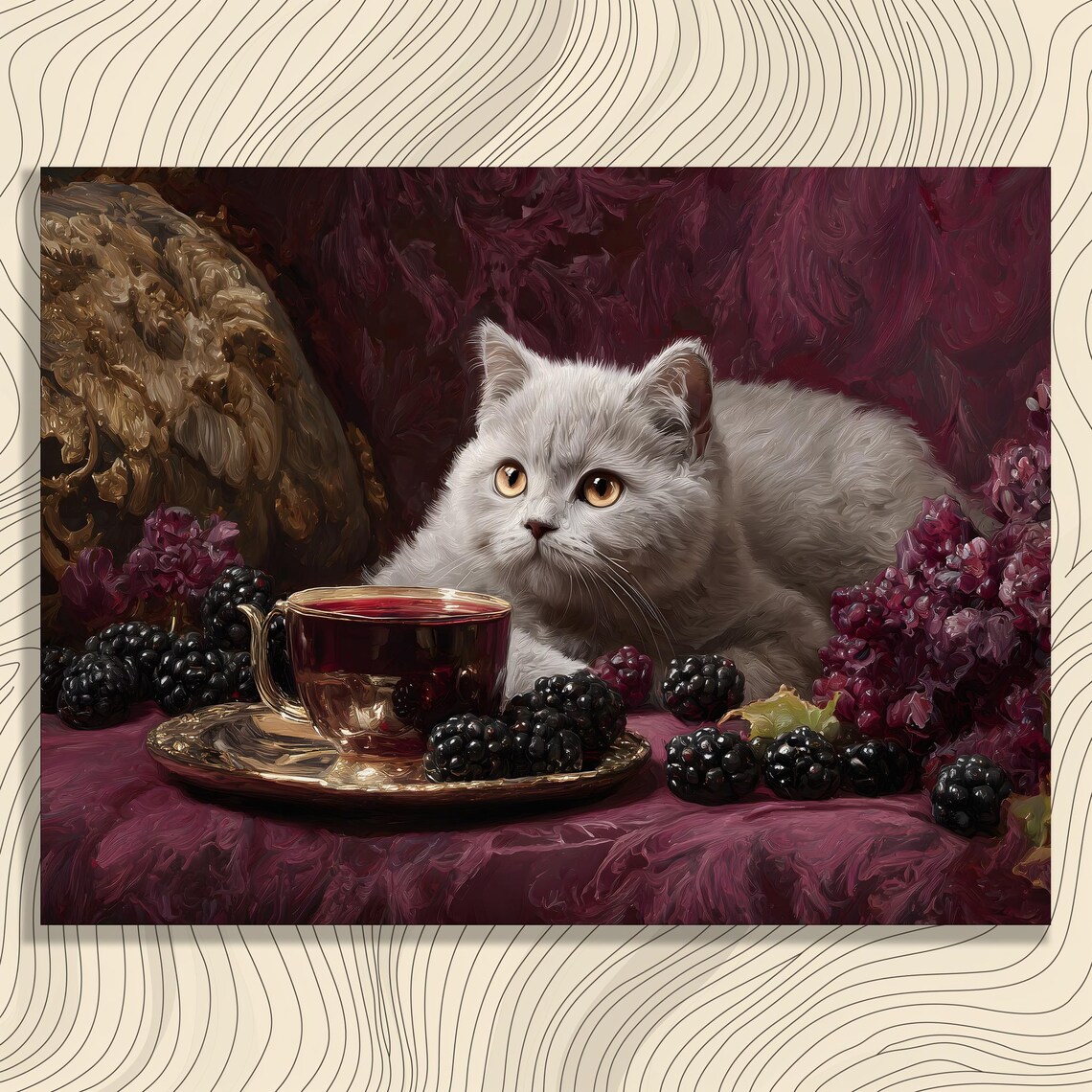 Silver Kitten Teacup Blackberries Burgundy Vintage Still Life Wall Art