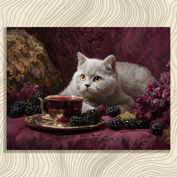 Silver Kitten Teacup Blackberries Burgundy Vintage Still Life Wall Art