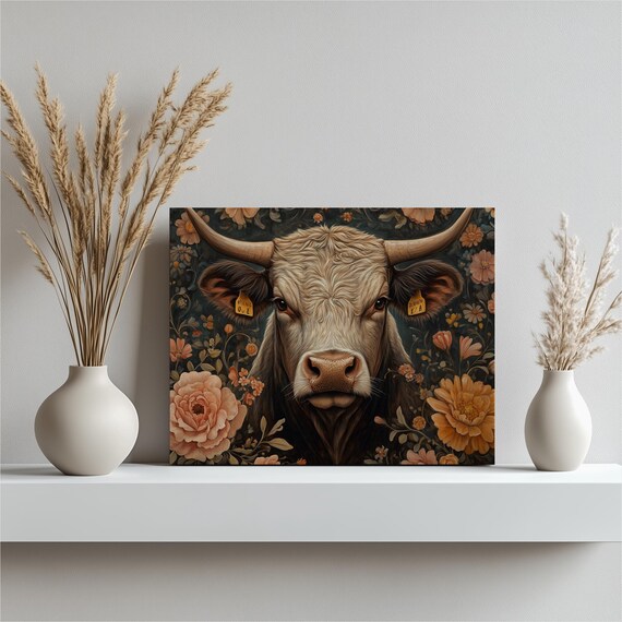 Shorthorn Cow Wall Art Boho Bohemian Botanical Floral Pattern Flower Artwork Dairy