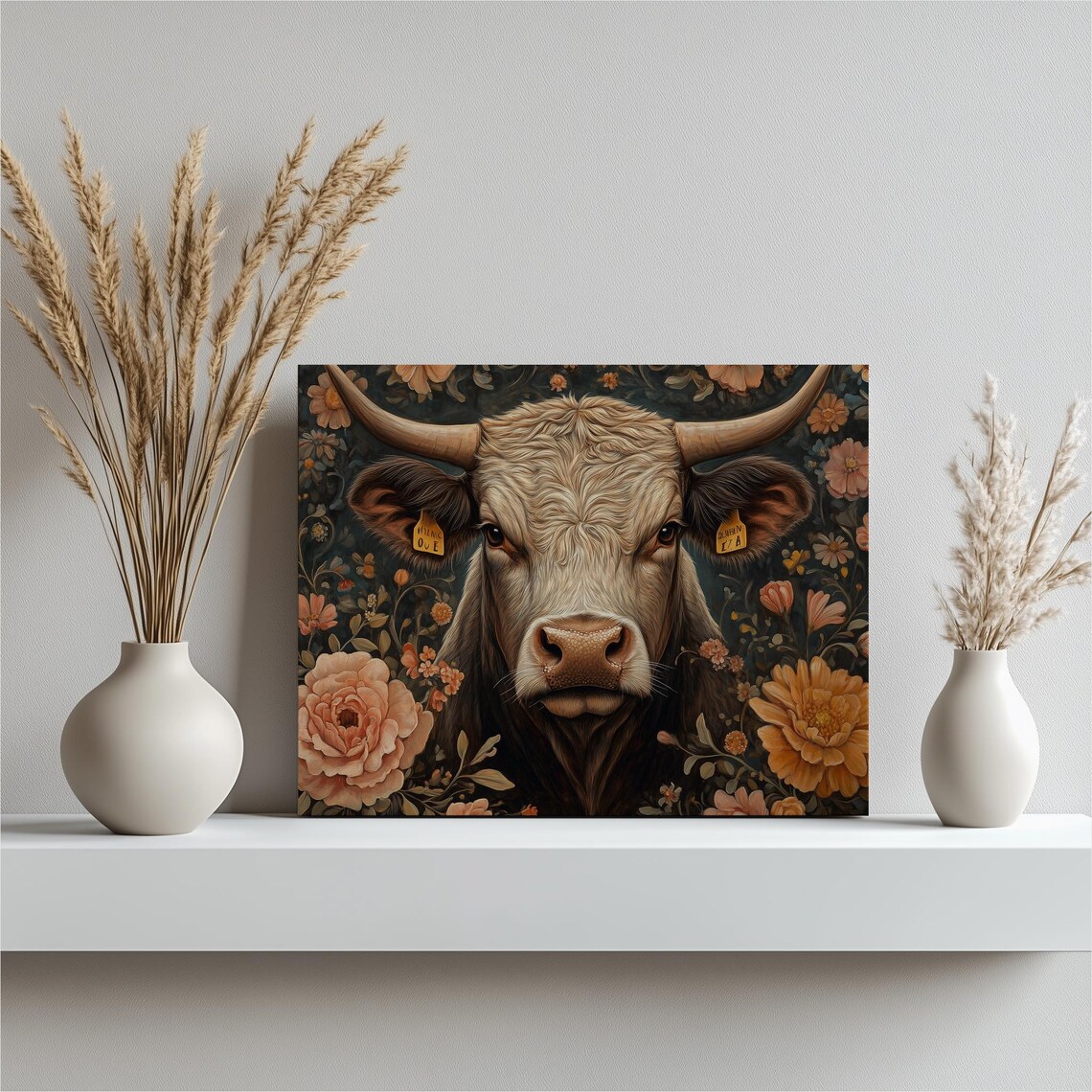 Shorthorn Cow Wall Art Boho Bohemian Botanical Floral Pattern Flower Artwork Dairy