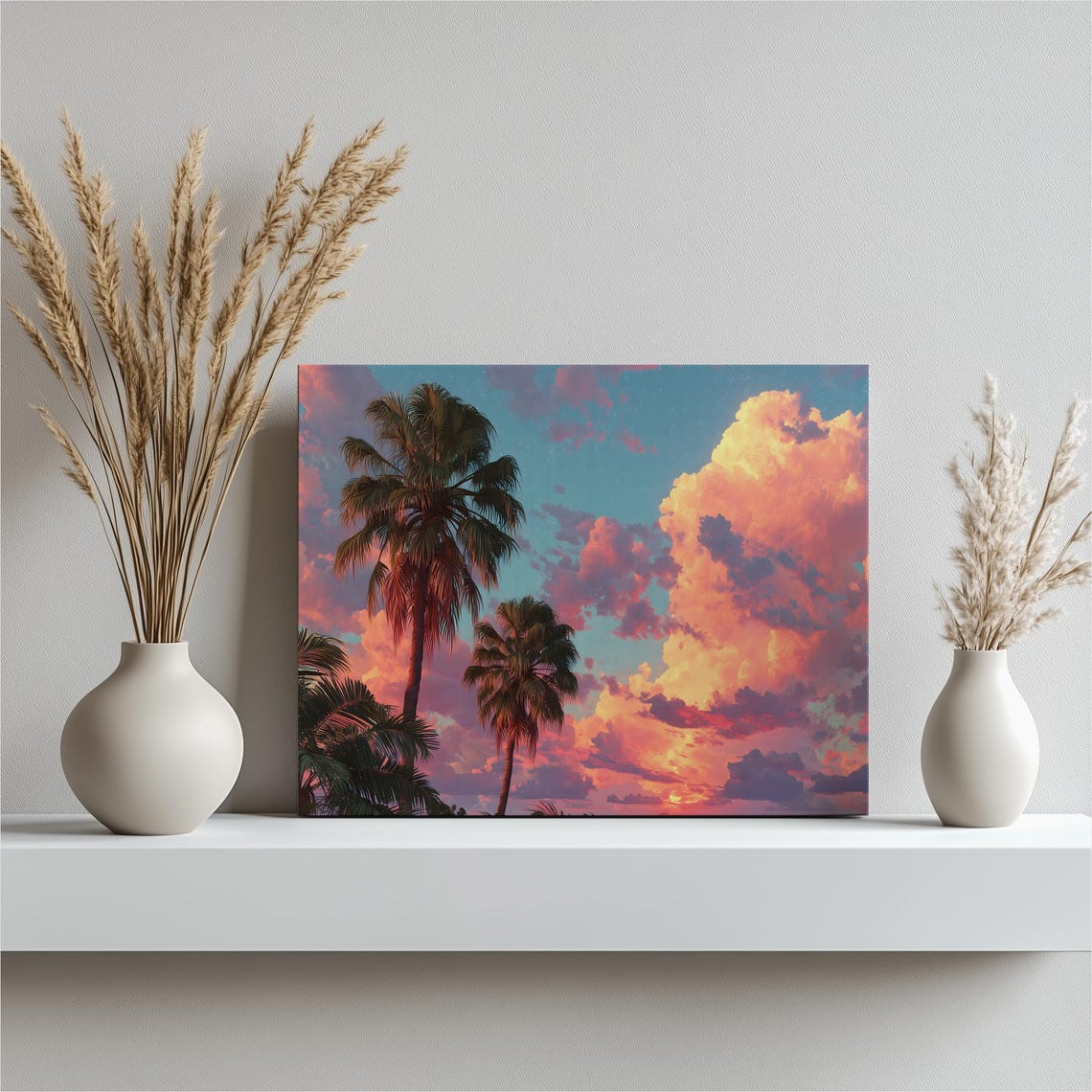Tropical Palm Trees Silhouette Pink Sunset Clouds Coastal Print