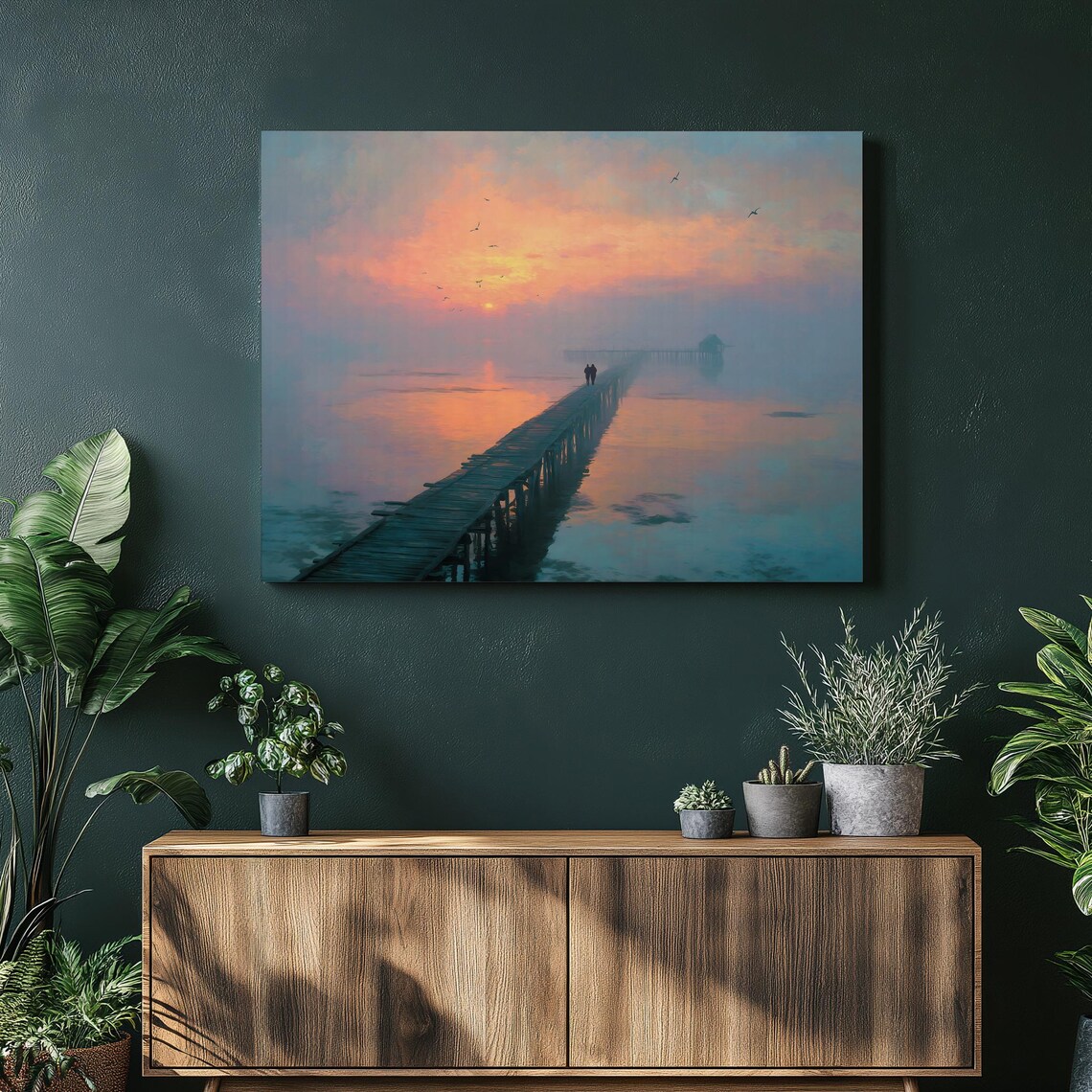 Sunset Pier Misty Ocean Romantic Walk Couple Golden Beach Poster