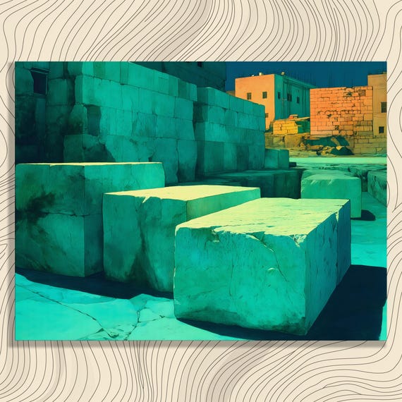Jerusalem Western Wall Canvas Art Sunlit Limestone Blocks Architecture In Teal Blue Cityscape Stone Plaza Scene Modern Travel Decor