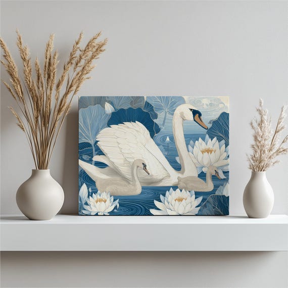 Swan Pond Canvas Wall Art Modern Blue Nature Print Bird Illustration Botanical Wildlife Decor Flower Serene Contemporary