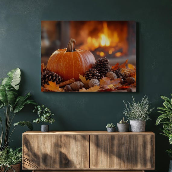 Autumn Leaves Canvas Wall Art Cozy Fireplace Room Decor With Pine Cones Acorns And Pumpkin Cinnamon Stick Centerpiece Professional Artwork