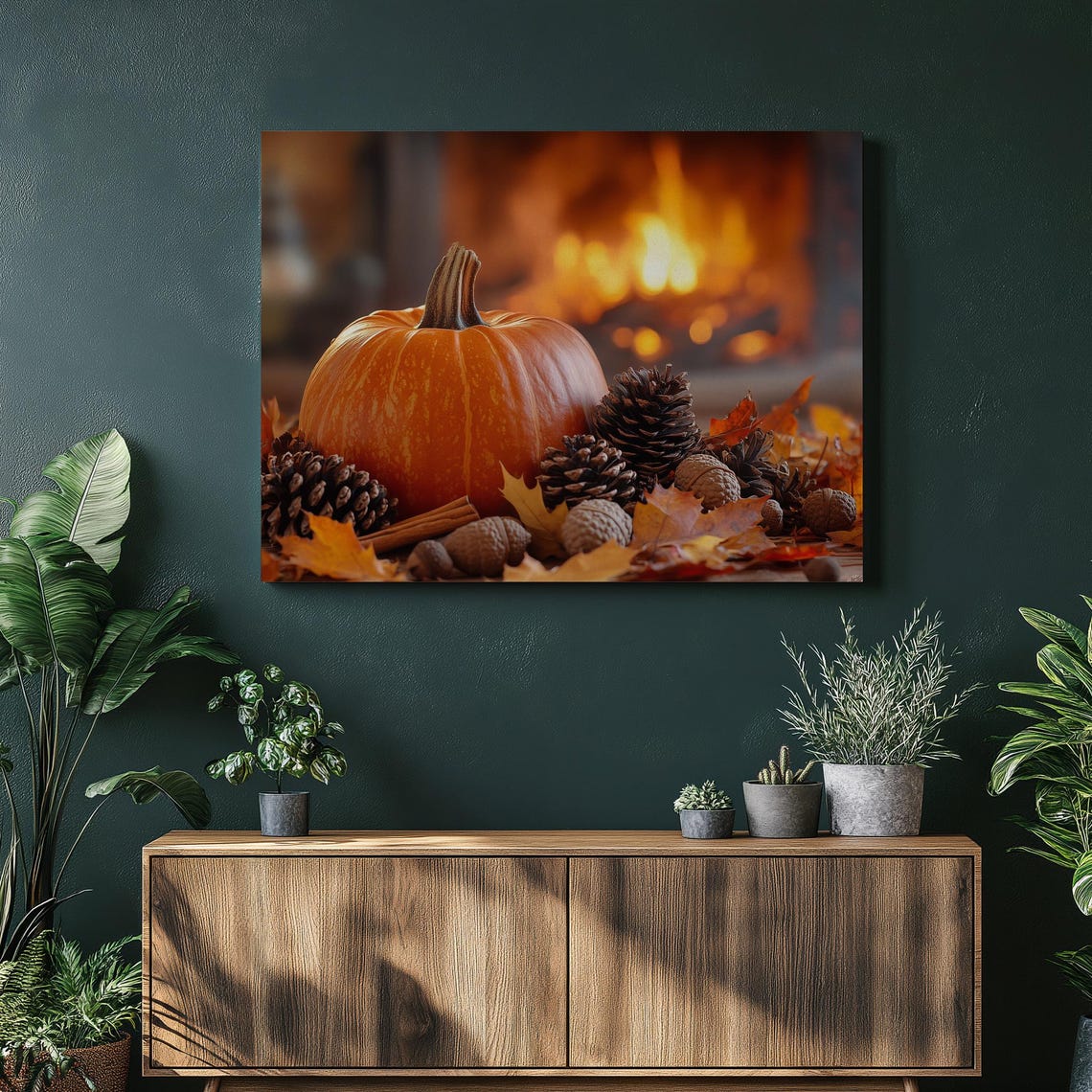 Pumpkin Pinecones Autumn Leaves Cozy Fireplace Fall Still Life Poster