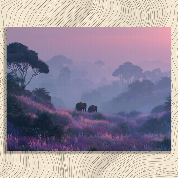 Elephant Sunrise Canvas Wall Art Misty Purple Savanna Wildlife Painting Colorful Nature Landscape Print Boho Decor Gift Modern Animal