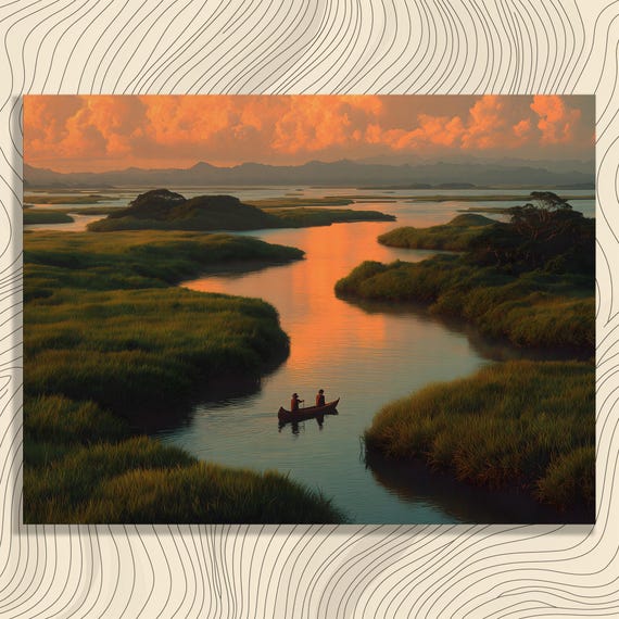 Sunset Marsh River Canvas Wall Art Serene Nature Landscape Print Decor Green Grasses Scene