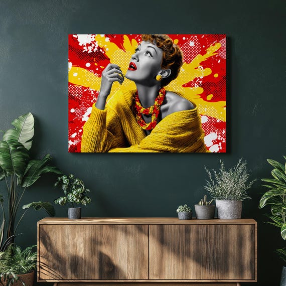 Pop Art Portrait Canvas Wall Vibrant Yellow Red Halftone Style Graphic Beauty Glamour Fashion Decor Color Splash Print Gift