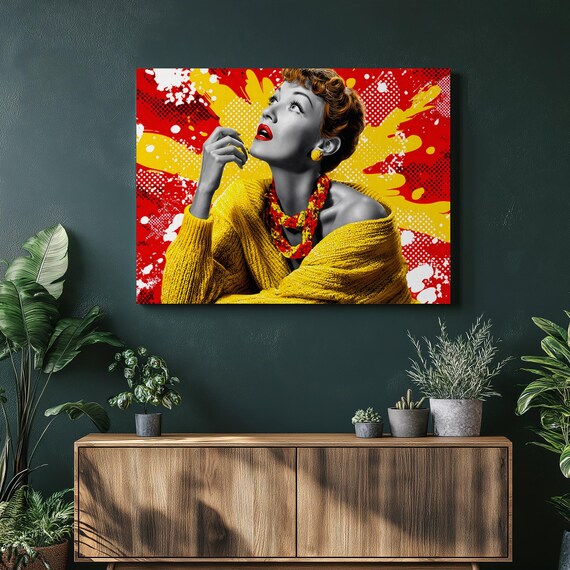 Pop Art Woman Yellow Sweater Red Halftone Retro 50s Style Poster