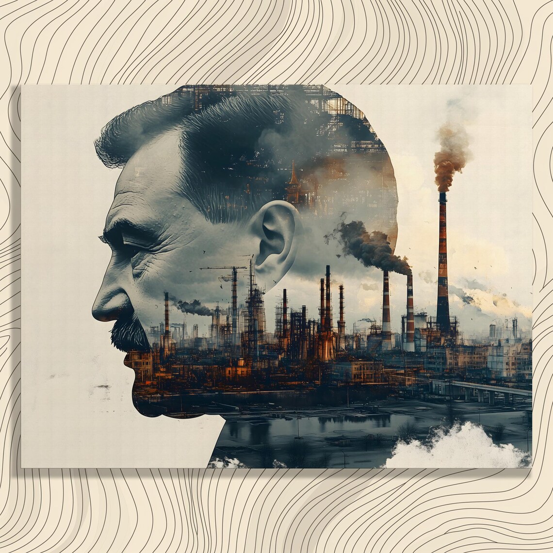 Double Exposure Man Profile Industrial Factory City Art Poster