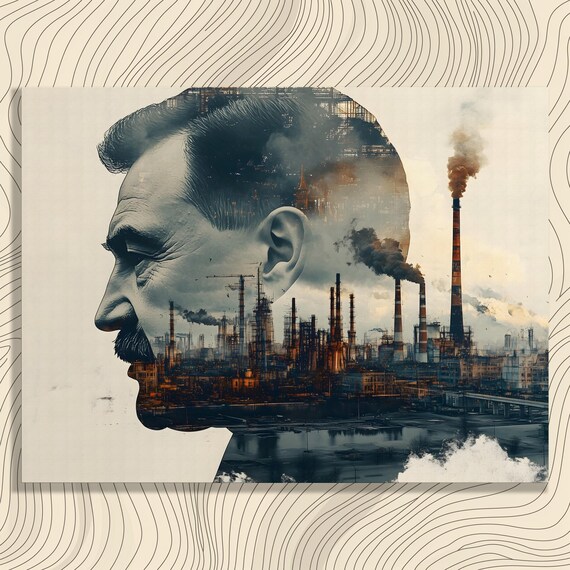 Surreal Industrial Cityscape Canvas Wall Art Modern Double Exposure Factory Painting Urban Decor Air Pollution Print