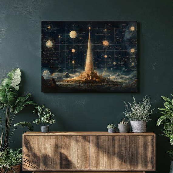 Celestial Tower Night Sky Blueprint Cosmic Astronomy Star Map Poster