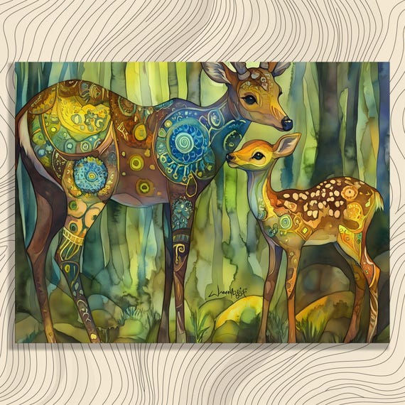 Mother Deer Canvas Wall Art Colorful Nouveau Boho Eclectic Forest Nature Painting Print Gift For Lovers And Animal
