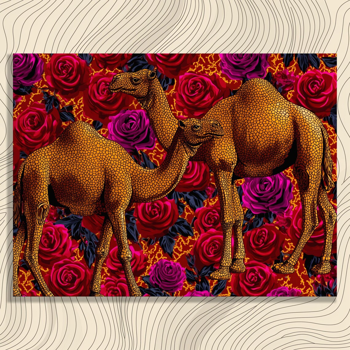 Golden Camel Mosaic Art With Bold Red Roses Vibrant Floral Wall Art