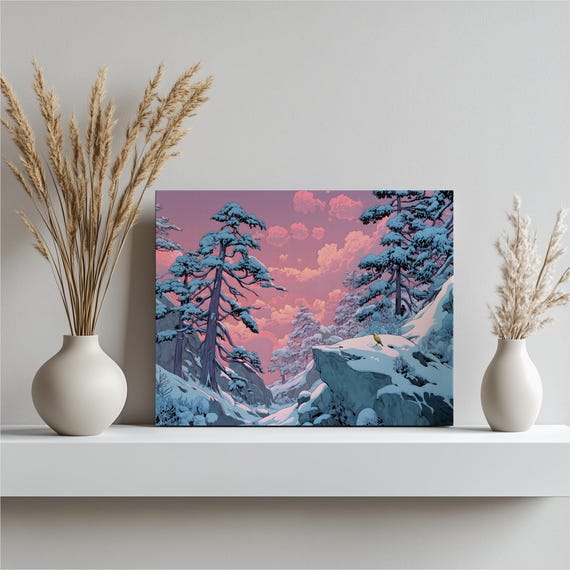 Winter Mountain Sunset Canvas Wall Art Snow Covered Pines Pink Sky Nature Print Illustration Canary Bird Scene Colorful Landscape