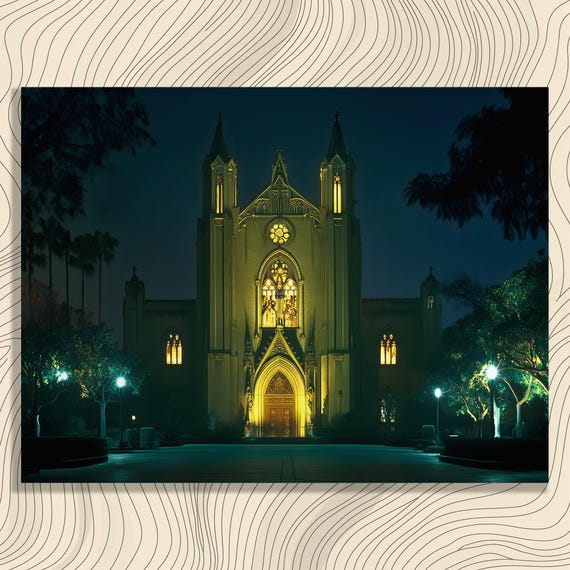 Majestic Cathedral Canvas Wall Art Gothic Church Night Print Illuminated Architecture Decor European Historic Building Poster