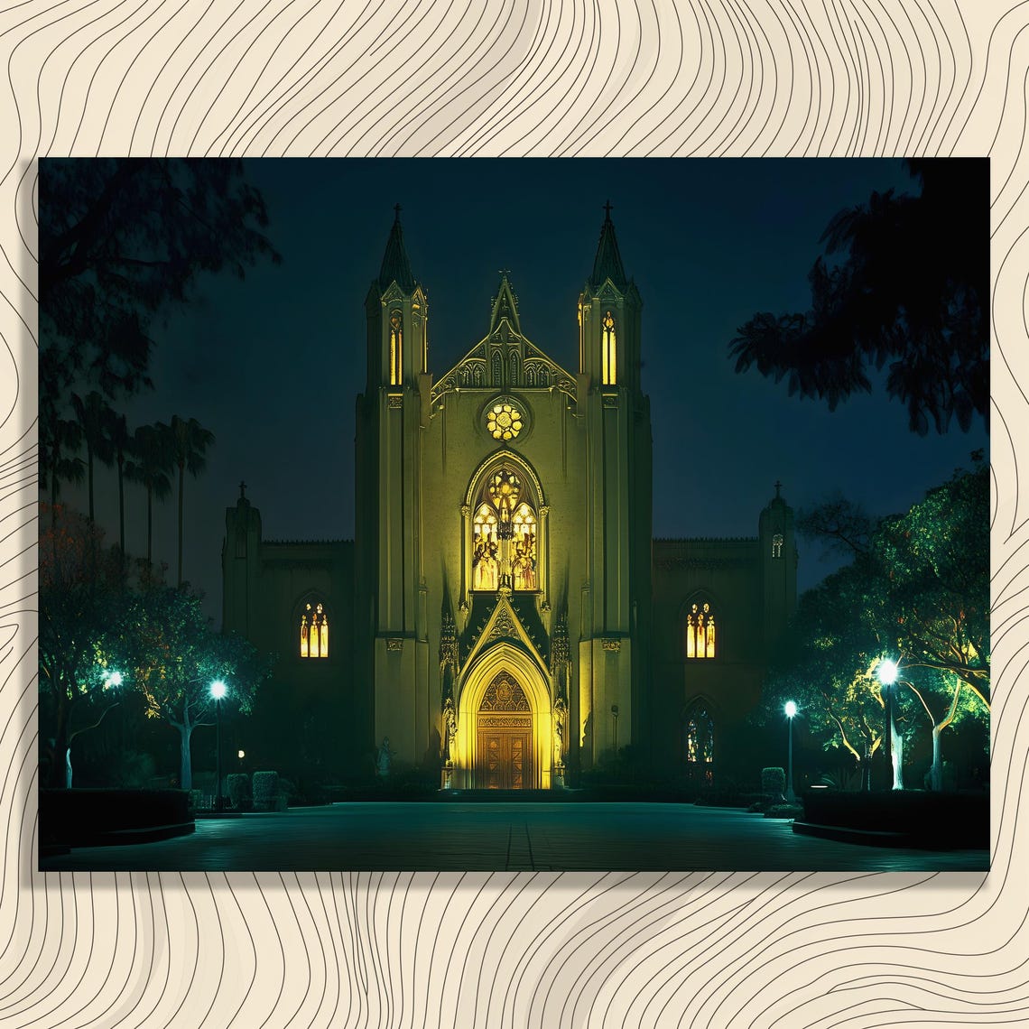 Majestic Cathedral Canvas Wall Art Gothic Church Night Print Illuminated Architecture Decor European Historic Building Poster