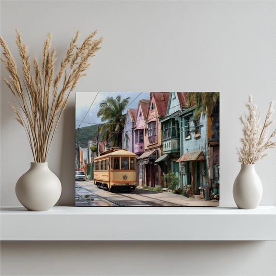 Tropical Streetcar Canvas Wall Art Coastal Caribbean Trolley Scene With Palm Trees Colorful Facades Vintage Tram Along Railway Lines Gift
